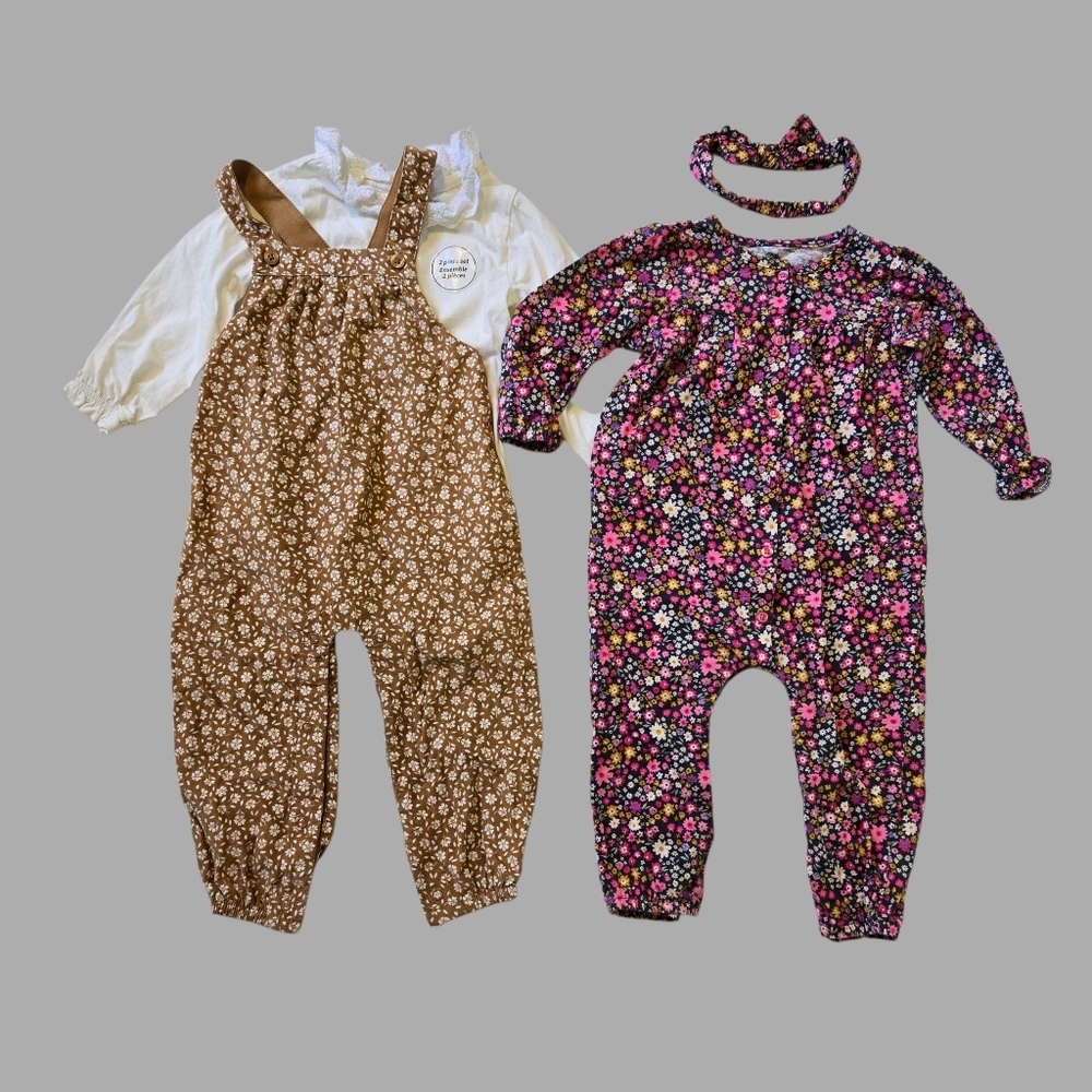 Pink Cotton Romper + Floral Corduroy Overalls & White Bodysuit Bundle 24M